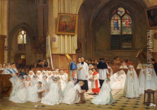 Figures Being Confirmed In A Cathedral Oil Painting - Theophile Emmanuel Duverger