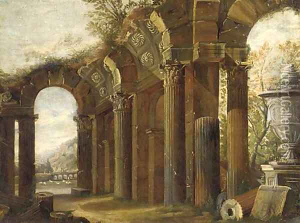 A capriccio of classical ruins with a shepherd and his flock beyond Oil Painting - Viviano Codazzi
