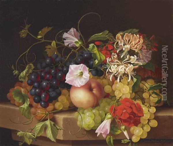 Still Life With Grapes, Peaches And Flowers Oil Painting - Adelheid Dietrich
