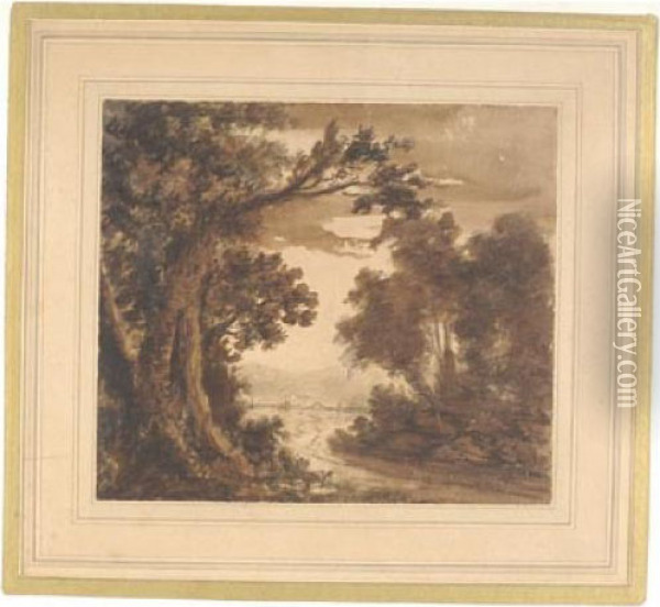 'wooded Landscape', Brown And 
Black Washes, 20cm X 23cm, Mounted But Unframed. * Provenance:- Ex Dean 
Of Canterbury's Estate And The Mackeson Collection. 40-60 Oil Painting - Thomas Gainsborough