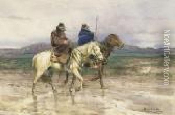 Due Butteri A Cavallo Nel Paesaggio Oil Painting - Enrico Coleman