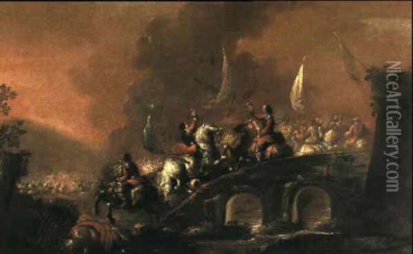 A Cavalry Battle With Horsemen Taking A Bridge Oil Painting - August Querfurt