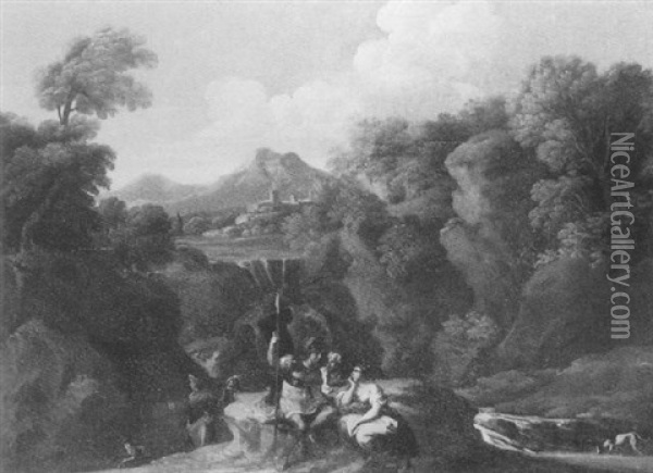 A Rocky River Landscape With A Soldier Conversing With Peasants In The Foreground Oil Painting - Giovanni Francesco Grimaldi