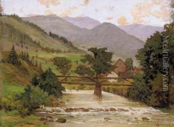 Village End With A Wooden Bridge Oil Painting - Arpad Basch