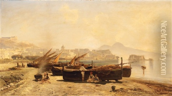 Fischerboote Am Strand In Der Bucht Von Neapel Oil Painting - Ascan Lutteroth