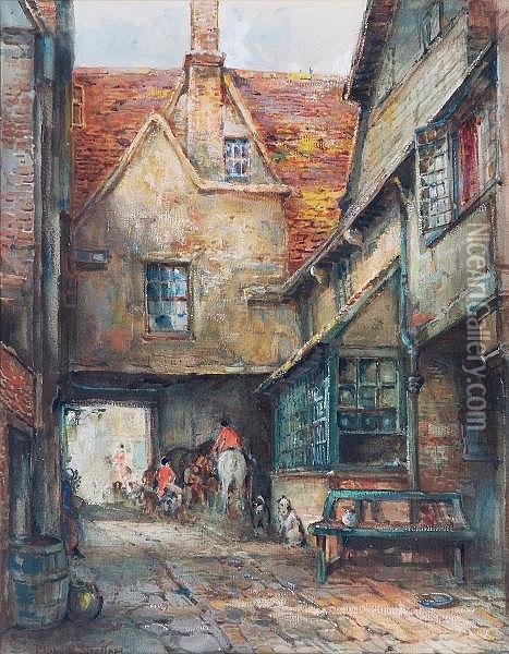 The Hunt At A Coaching Inn, Signed,watercolour And Bodycolour Oil Painting - Philip Eustace Stretton