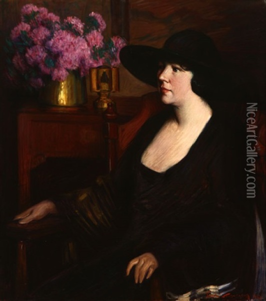 Portrait Of A Woman Seated Near A Floral Still Life Oil Painting - Joseph David Greenbaum