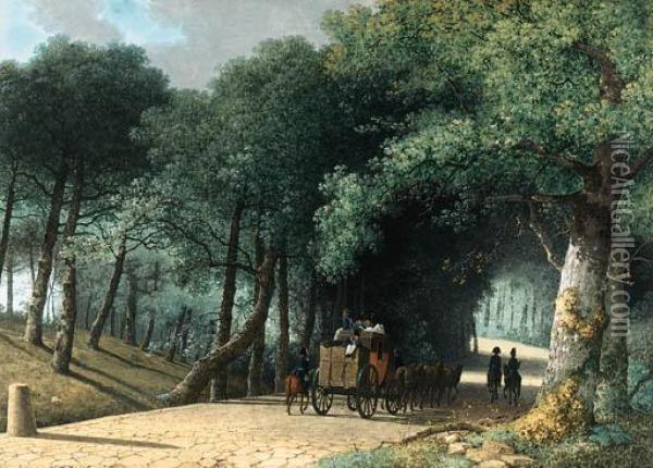 A Road Entering A Forest With A Group Of Soldiers Attacking Acarriage Oil Painting - Martheus Derk Knip