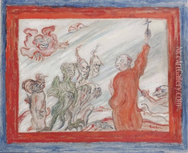Diables Turlupinant Un Religieux Oil Painting - James Ensor