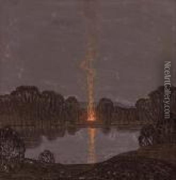 Skymning AÂ¶ver SjaÂ¶n (dusk Over The Lake) Oil Painting - Olof Thunman
