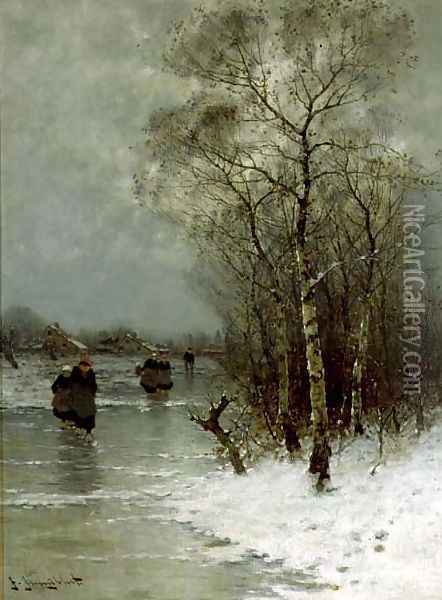 Girls Walking on a Frozen River Oil Painting - Johann II Jungblut