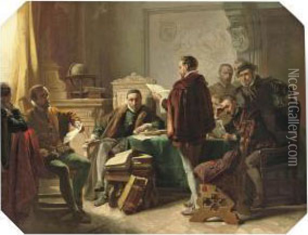 Marnix Van Sint-aldegonde Declaiming 'het Wilhelmus' To Willem Vanoranje Signed 'j Spoel.' Oil Painting - Jacob Spoel