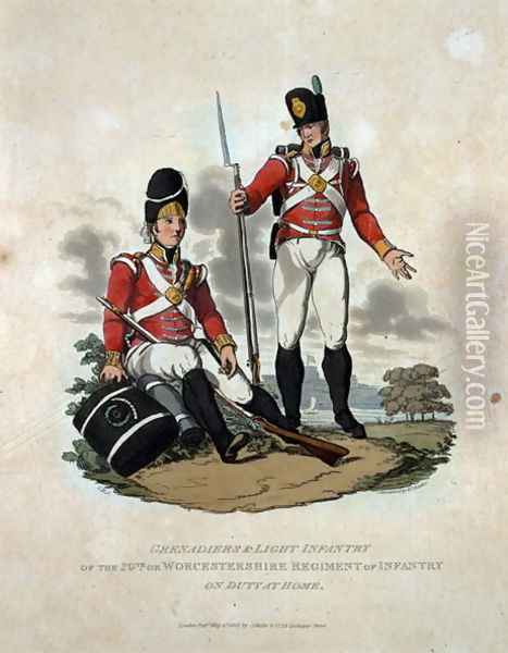 Grenadiers and Light Infantry of the 29th or, Worcestershire Regiment of Infantry on Duty at Home, from Costumes of the Army of the British Empire, according to the last regulations 1812, engraved by J.C. Stadler, published by Colnaghi and Co. 1812-15 Oil Painting - Charles Hamilton Smith