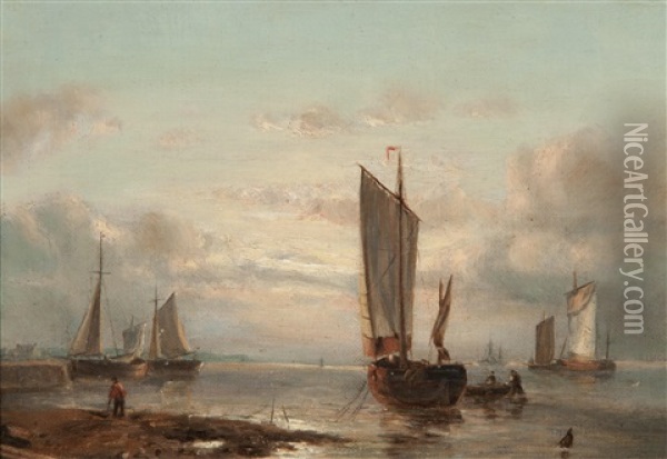 Harbour Scene With Figures Oil Painting - John Moore Of Ipswich