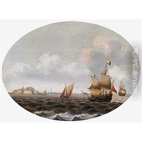 Barcos Frente Al Fuerte De Rammenkens En Middelburg Oil Painting - Pieter Cornelius Verbeeck