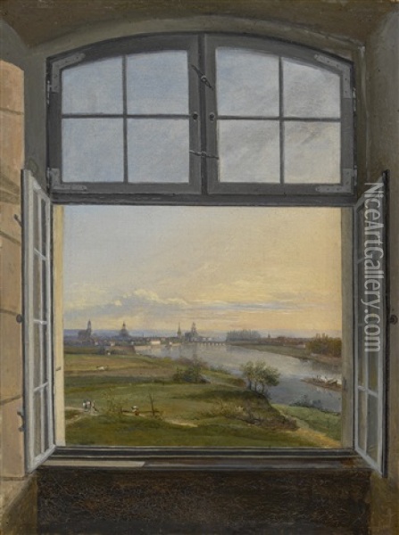 View Of Dresden Through An Open Window Oil Painting - Karl Gottfried Traugott Faber