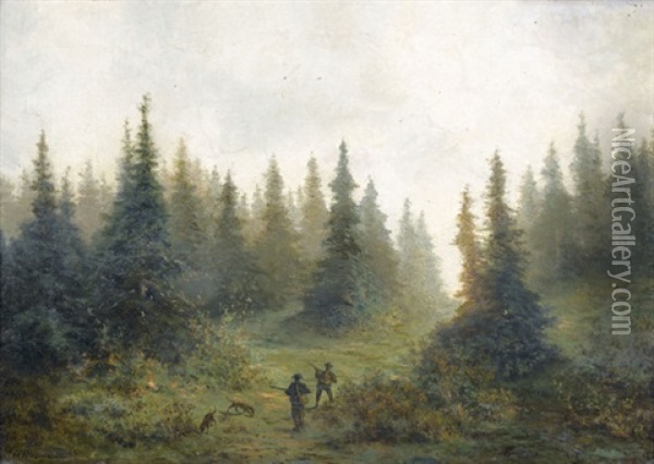 Zwei Jager Mit Hunden Bei Einem Tannenwald Oil Painting - Francois Louis Fritz Niederhausern