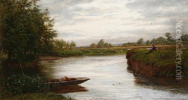 A Cloudy Day On The Riverbank Oil Painting - Walter Field