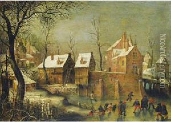 Townscape With Skaters On A Frozen River Oil Painting - Jacob Grimmer