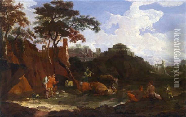 Weite Sudliche, Gebirgige Landschaft Mit Ruinen, Einem Kastell Mit Hirten Und Herde Oil Painting - Pieter Mulier the Younger