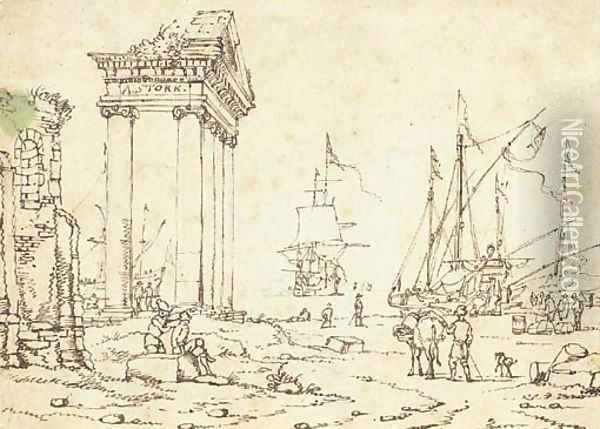 Figures among classical ruins, ships in a port seen beyond Oil Painting - Abraham Storck