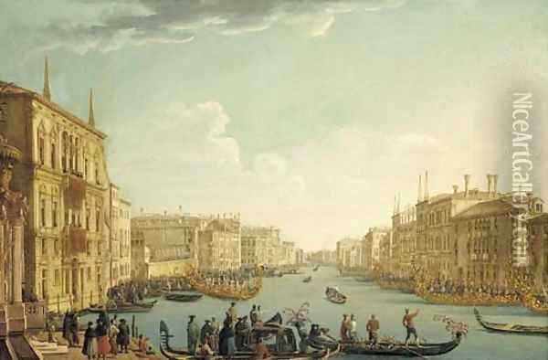 The regatta on Ascension Day in the Grand Canal, Venice, with the Palazzo Balbi on the left Oil Painting - (Giovanni Antonio Canal) Canaletto