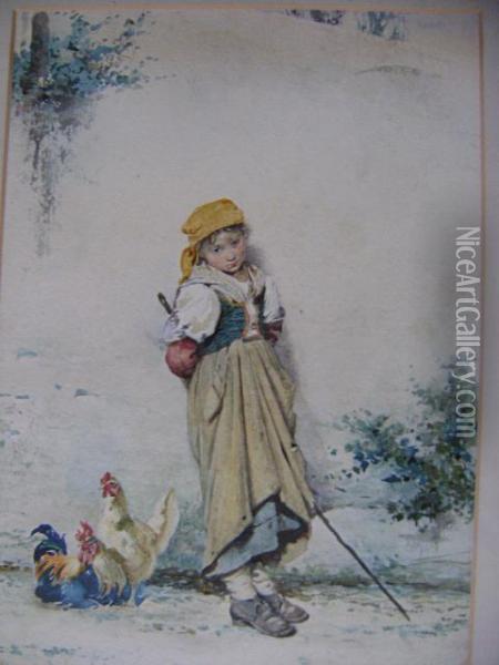 Italian Peasant Girl And Chickens Oil Painting - Guerrino Guardabassi