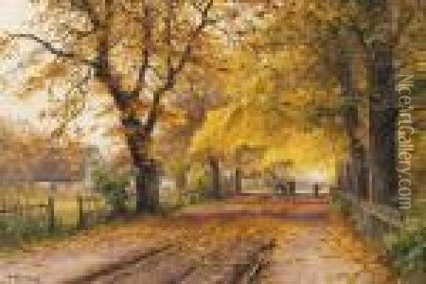 Herbstliche Dorfstrasemit Pferdefuhrwerk Oil Painting - Walter Moras