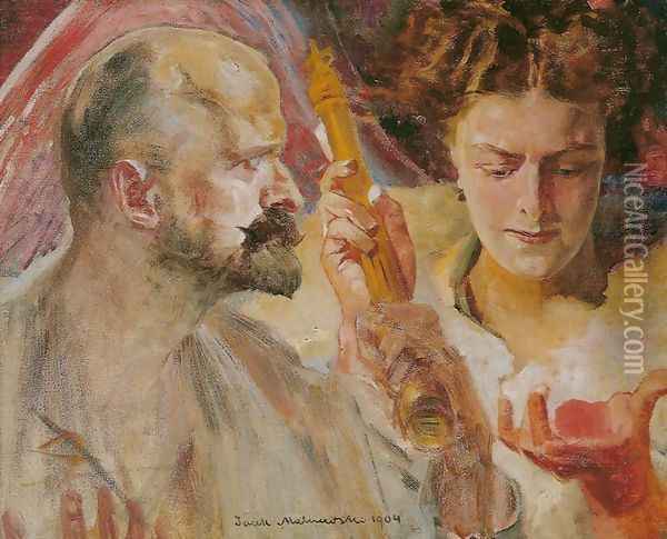 Self-Portrait with Muse Holding Sceptre and Orb Oil Painting - Jacek Malczewski