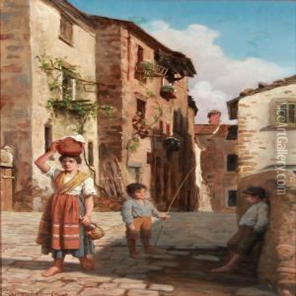 Street Life In Cortona, Italy Oil Painting - Wenzel Ulrik Tornoe