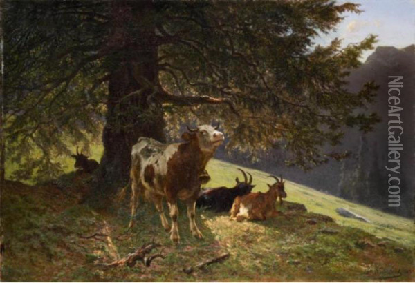 Paysage Avec Une Vache Et Chevres, 1863 
Landscape With A Cow And Goats, 1863 Oil Painting - Charles Humbert