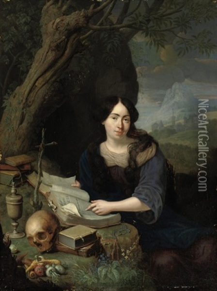 Portrait Of A Lady As The Penitent Magdalen Seated In A Landscape Oil Painting - Nicholaas Verkolye
