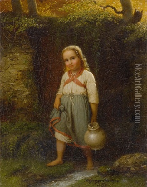 Small Girl With A Jug Oil Painting - Johann Georg Meyer von Bremen