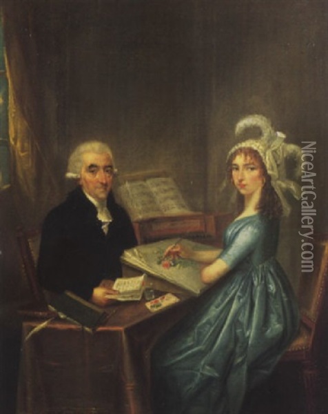 An Elegant Lady Being Tutored In Painting By Her Instructor Oil Painting - Jacques-Francois Momal