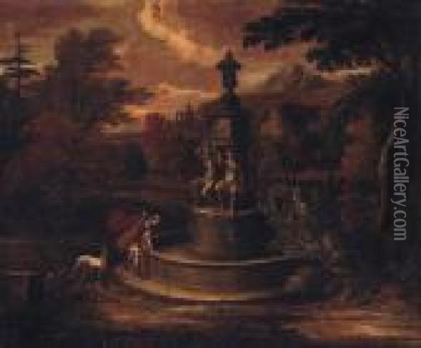 A Landscape With Narcissus By A Fountain Oil Painting - Isaac de Moucheron
