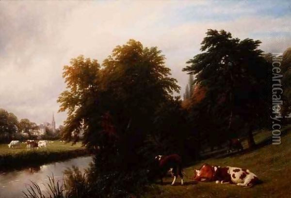 Cattle Grazing by a River Oil Painting - Thomas Baker