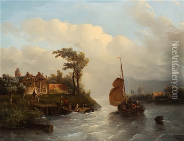 Dutch Riverview With Figures In Boats In Windy Weather Oil Painting - Salomon Leonardus Verveer