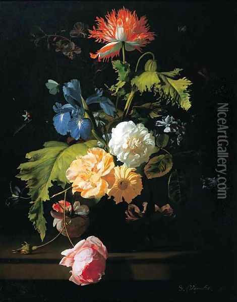 Roses, irises, poppies and other flowers in a glass vase on a ledge Oil Painting - Simon Pietersz. Verelst