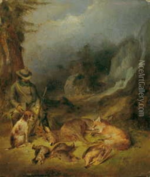 Ein Rastender Jager Mit Erlegter Jagdbeute Oil Painting - Ferdinand von Rayski