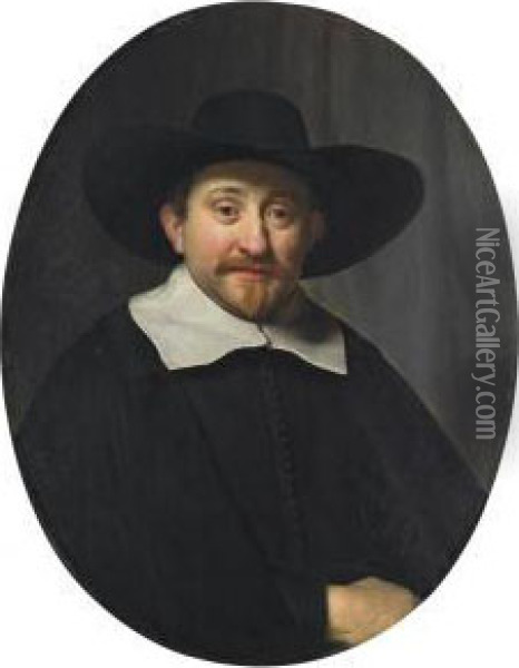 Portrait Of A Man, Half-length, In A Broad-brimmed Hat Oil Painting - Govert Teunisz. Flinck