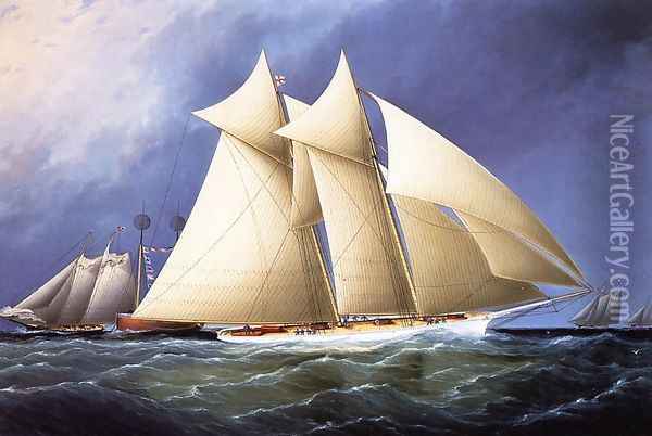 New York Yacht Club Schooner 'Columbia' Leading New York Yacht Club Schooner 'Dauntless' Rounding Sandy Hook Lightship in the Hurricane Cup Race Oil Painting - James E. Buttersworth