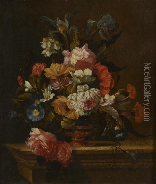 Vase De Fleurs Sur Un Entablement Oil Painting - Jean-Michel Picart