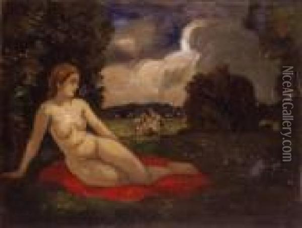 Nude In Landscape Oil Painting - Bela Ivanyi Grunwald