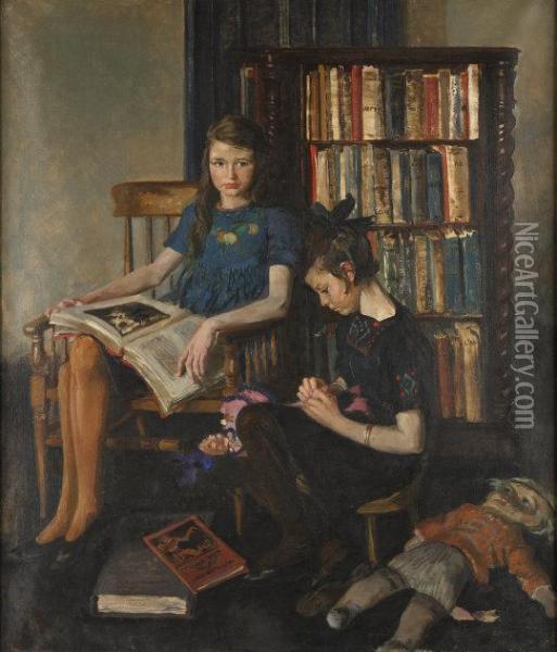 Study Of Two Young Girls Seated In A Library With Dolls Oil Painting - Sir William Newenham Montague Orpen