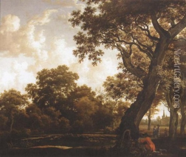 A Wooded Landscape With A Sportsman Shooting Duck On A Lake On The Edge Of A Wood, Three Other Figures Beyond; A Chateau In The Background Oil Painting - Anthonie Waterloo
