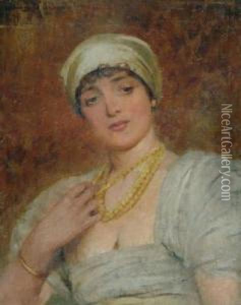 Portrait Of A Lady Wearing A White Dress And Turban Oil Painting - Arthur Hacker