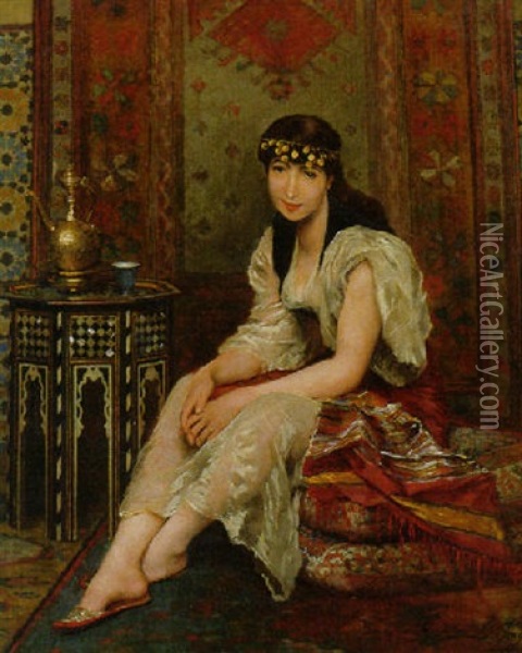 A Seated Oriental Beauty Oil Painting - Gustave Leonhard de Jonghe