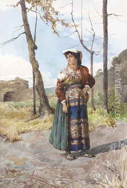 A young woman on the road Oil Painting - Onorato Carlandi