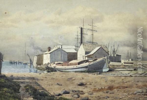 Docked Boat Oil Painting - John Robert Mather