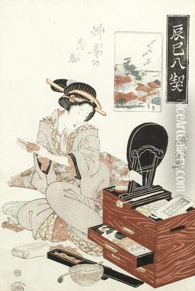 Lady Of Yoshiwara Powdering Her Face Oil Painting - Keisai Eisen